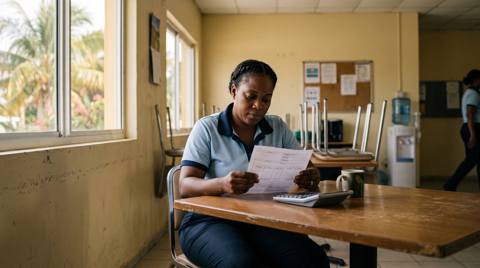 A hospitality employee in a light-blue uniform reading a printed pay slip at a staff-room table, with a calculator and a coffee mug beside them