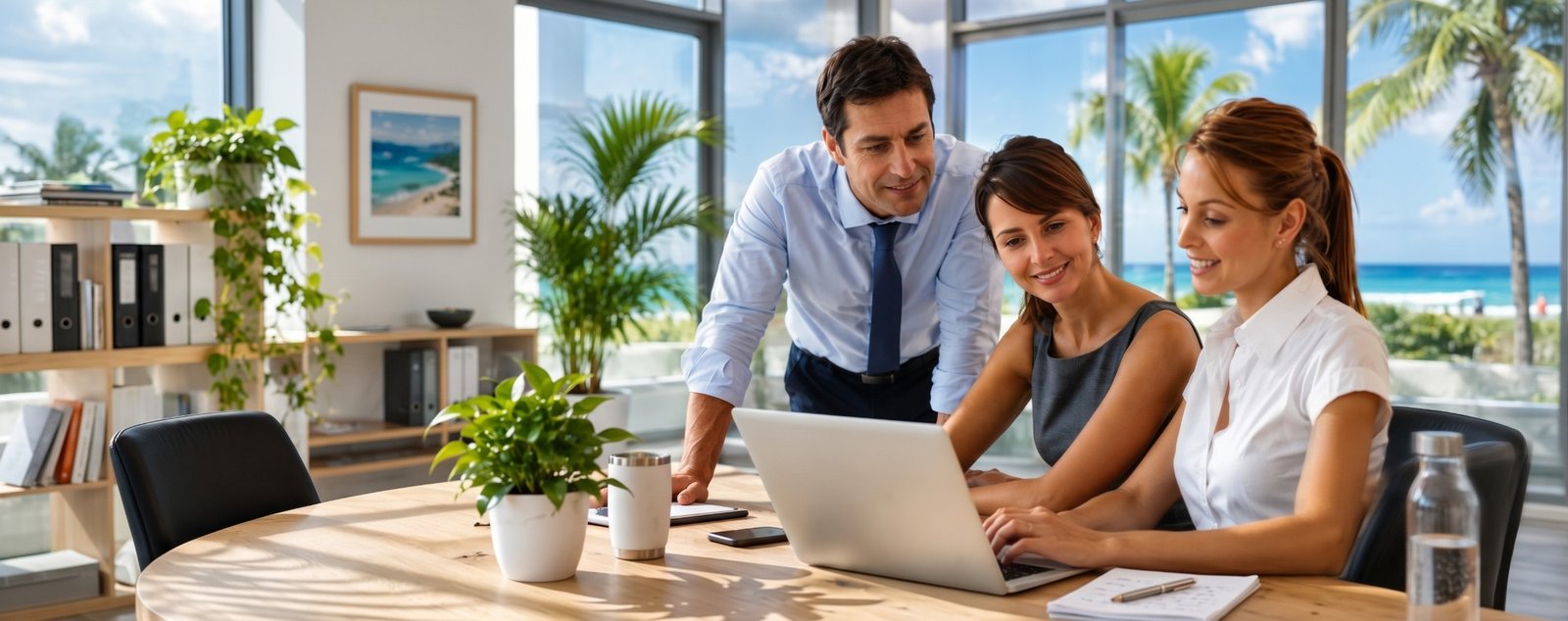 A manager and two colleagues reviewing candidates on a laptop in a bright office overlooking the beach