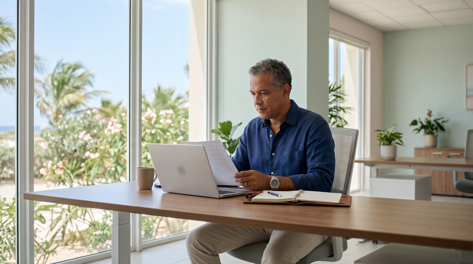 A hiring manager at a desk by a window with palm trees outside, reading a printed document next to a laptop and an open notebook
