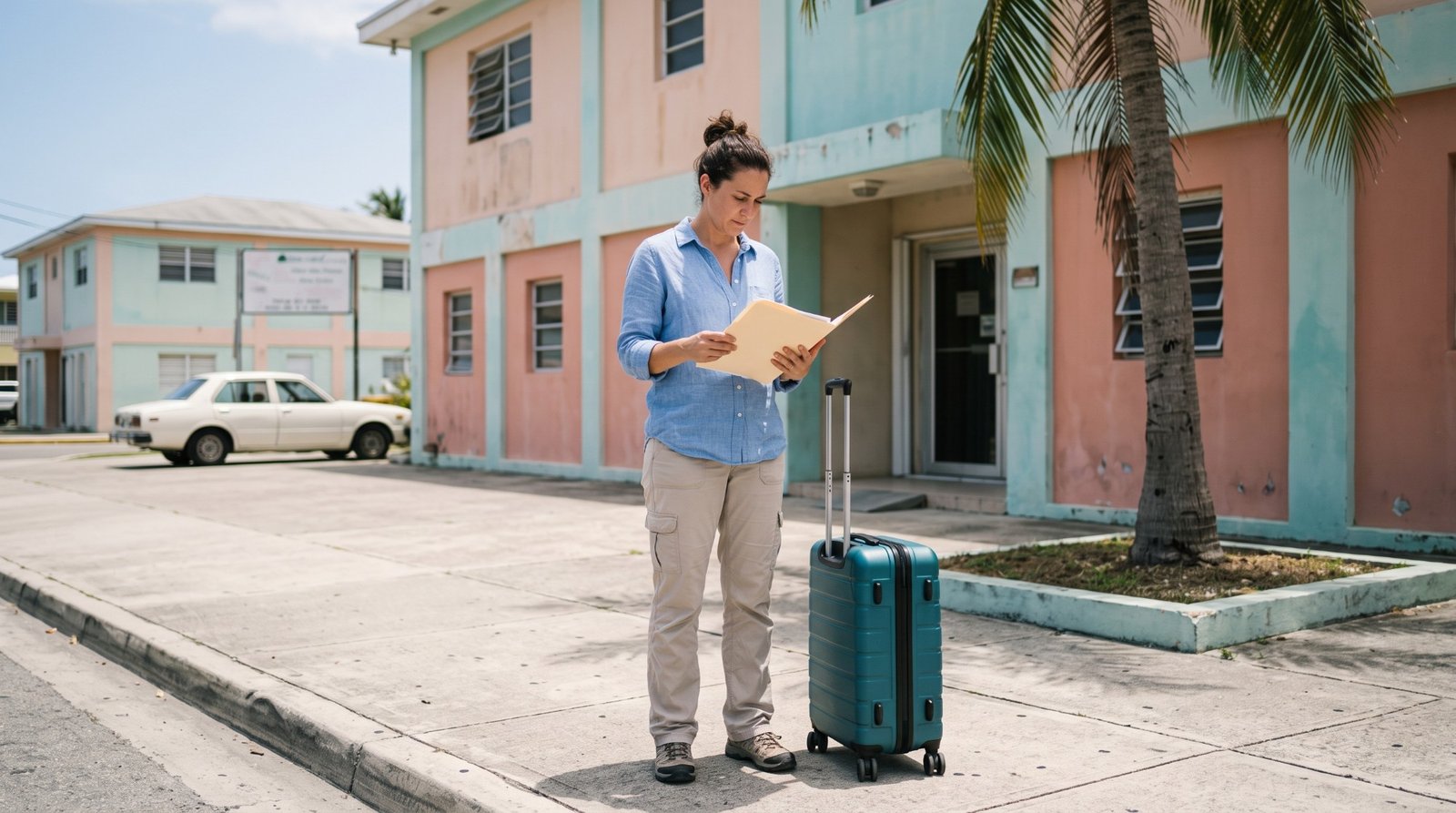 A person with a suitcase reading a folder of documents on the sidewalk outside a pastel-coloured office building with a palm tree